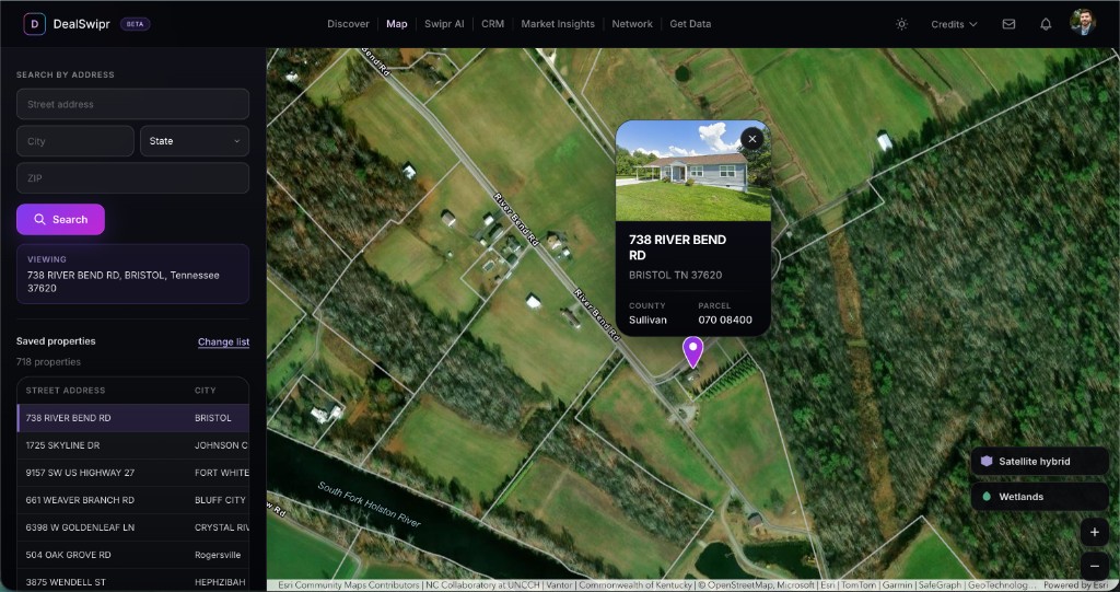 DealSwipr map view with satellite hybrid basemap, parcel boundaries, property card, and list sidebar