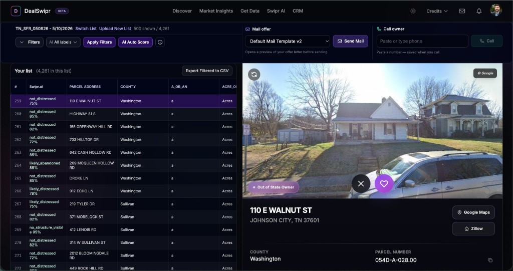 DealSwipr list view with Street View, AI scores, and property details